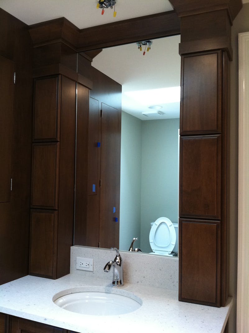 (Bathroom Remodel, Cincinnati) Mirror Installed to Glass to Vanity