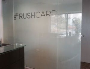 Allied Glass and Glenny Glass Co. partnered to create a sandblasted glass partition for RushCard’s Cincinnati office.