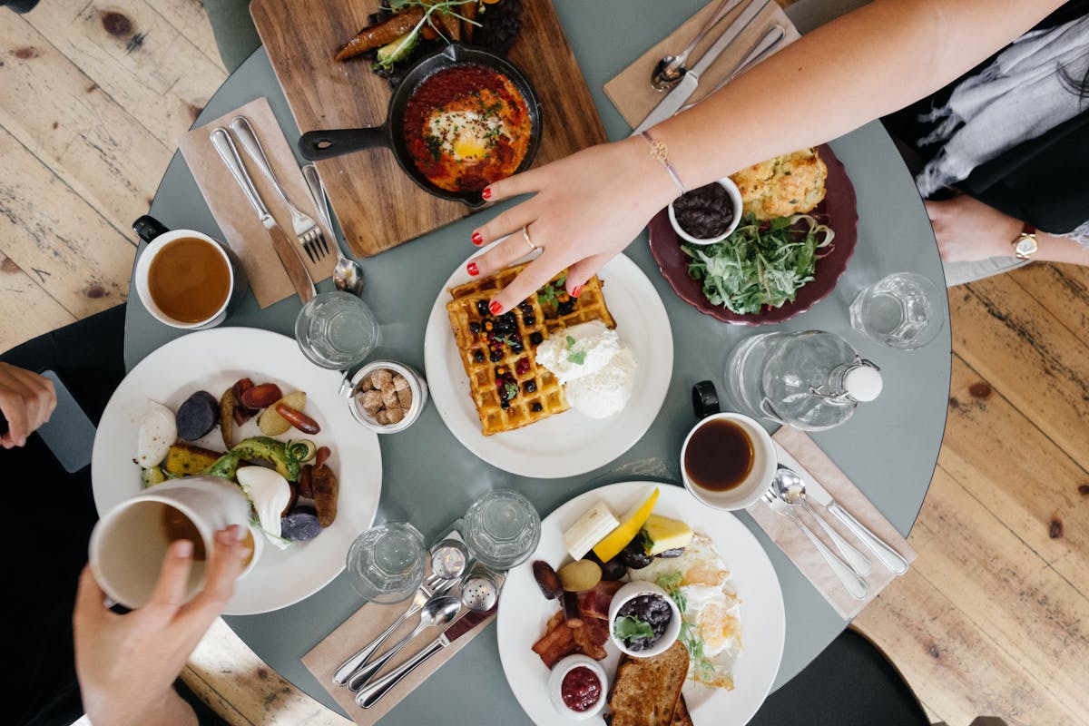 plates of food on a table overhead