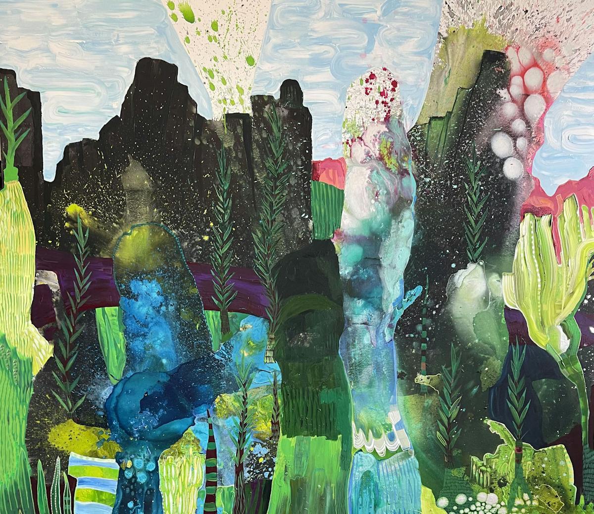 Grey Rain, Curtain Rolls Back And Then You See It | Acrylic, Oil and Ink on Canvas | 84 x 96 inches