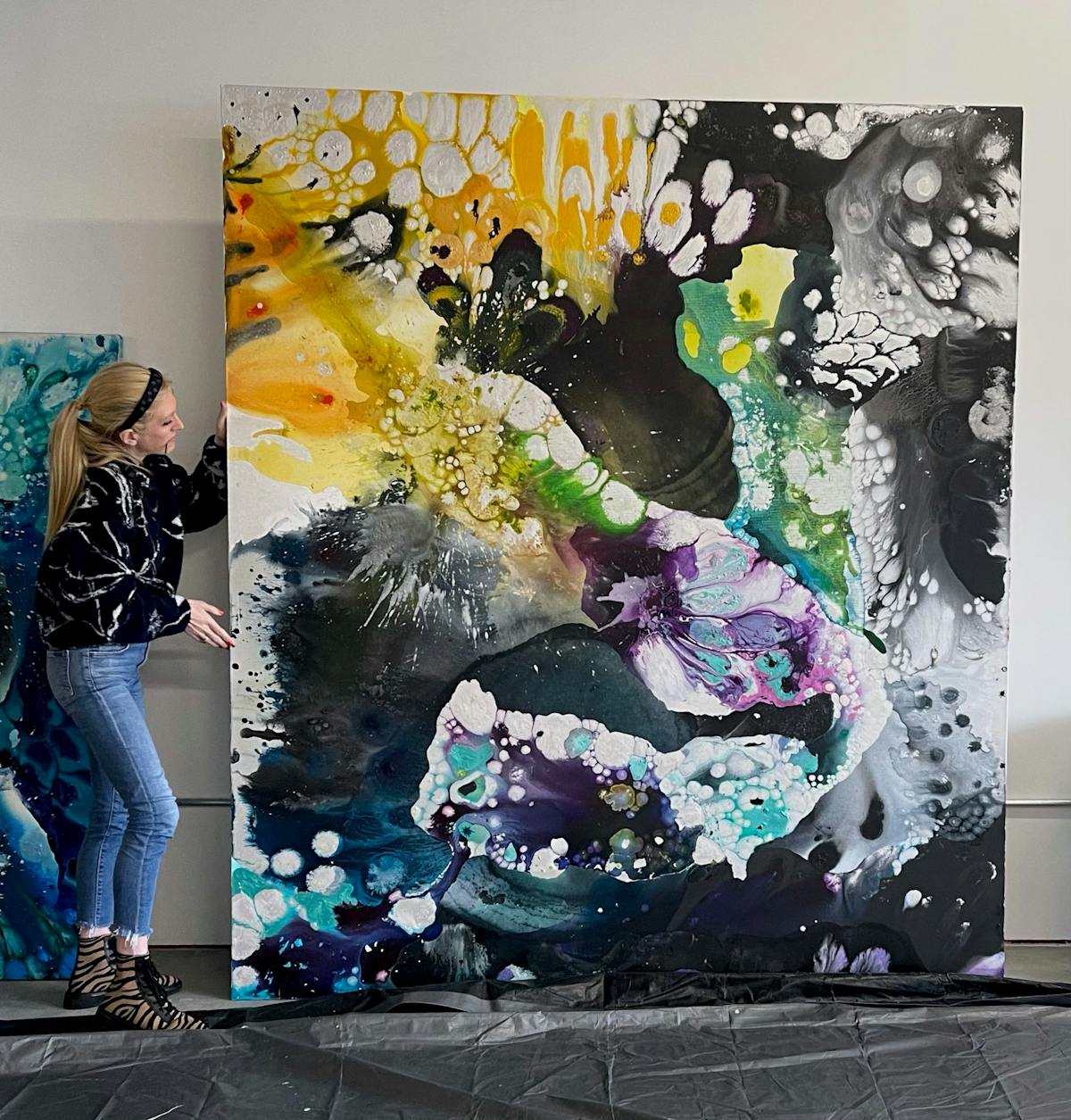 Studio/Scale View | The Rocky Shallows | Oil and mixed media on canvas | 96 x 84 inches | 2021