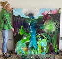 Studio/Scale View | Assembly of the Ages 2 | Acrylic, Oil, Ink on Canvas | 60 x 60 inches thumbnail