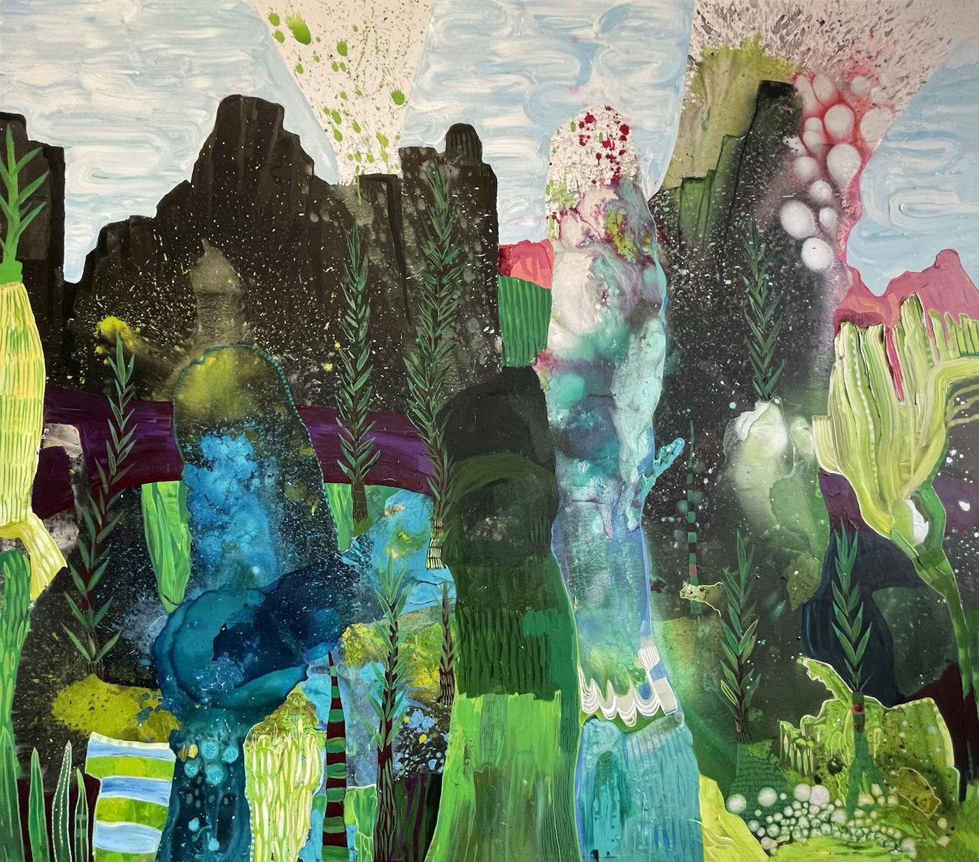 The Grey Rain -- Curtain Rolls Back and Then You See It | Acrylic, Oil and Ink on Canvas | 84 x 96 inches | 2023