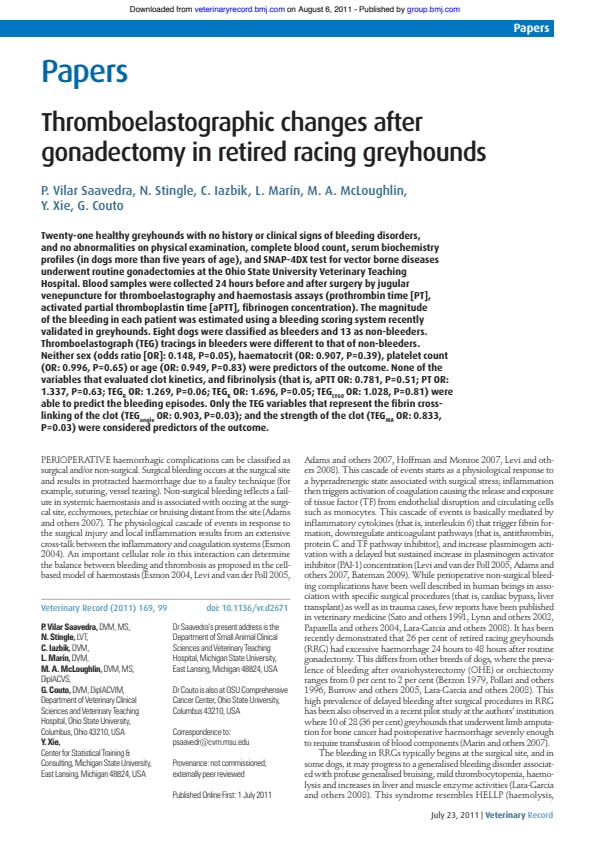 Thromboelastographic changes after gonadectomy in retired racing greyhounds