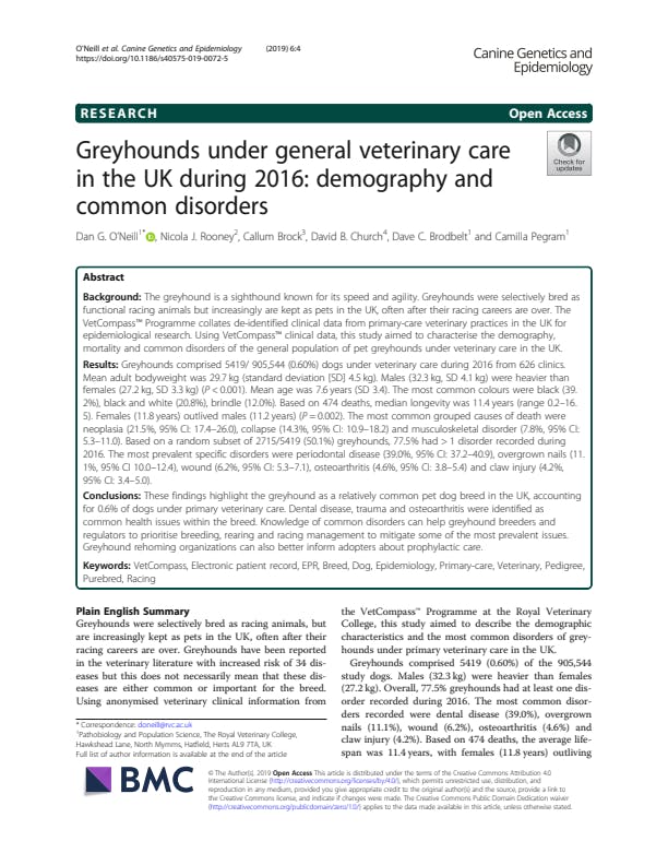 Greyhounds under general veterinary care in the UK during 2016: demography and common disorders