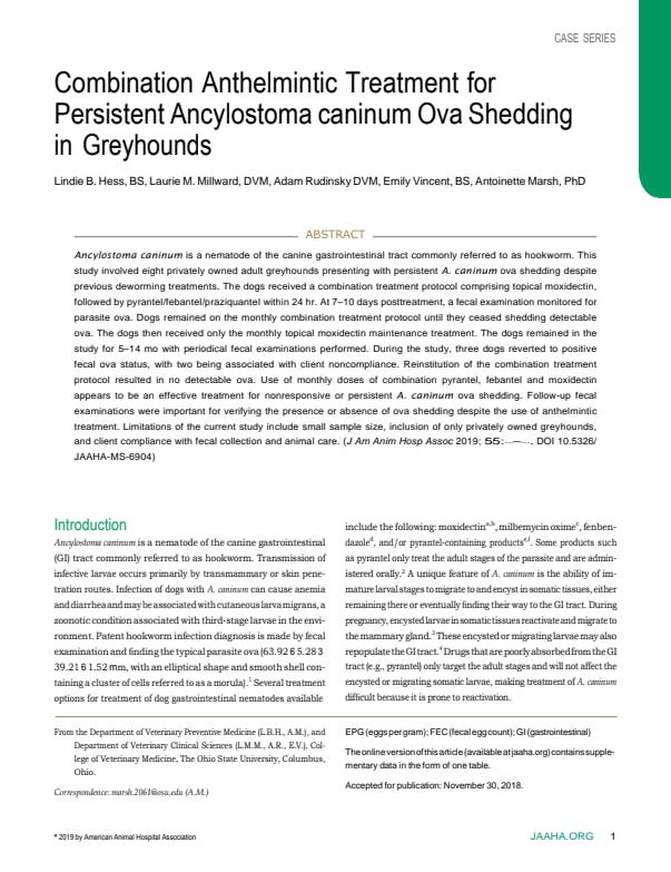 Combination Anthelmintic Treatment for  CASE SERIES  Persistent Ancylostoma caninum Ova Shedding in Greyhounds