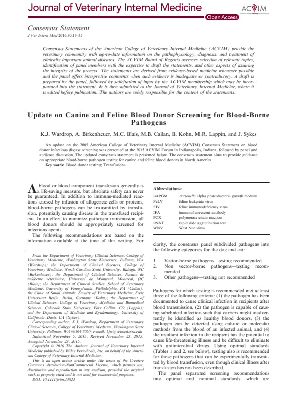 Update on Canine and Feline Blood Donor Screening for Blood-Borne  Pathogens