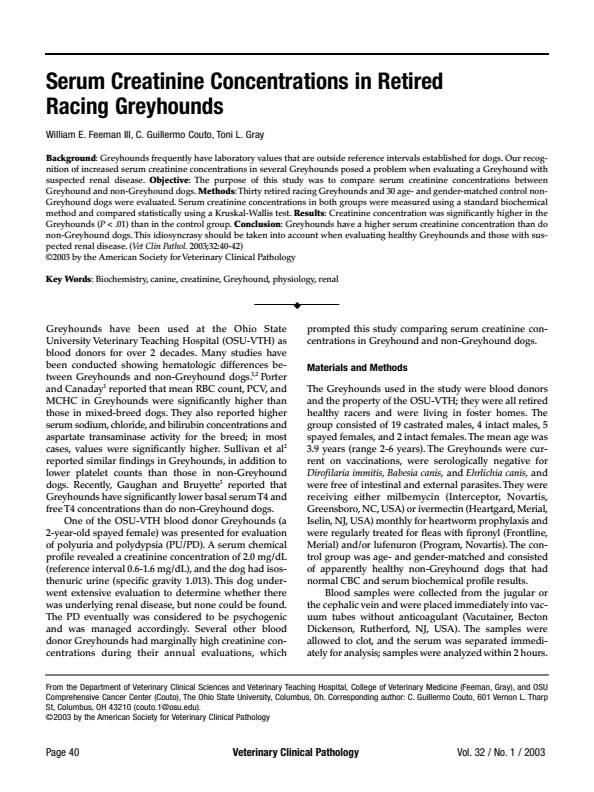 Serum Creatinine Concentrations in Retired Racing Greyhounds