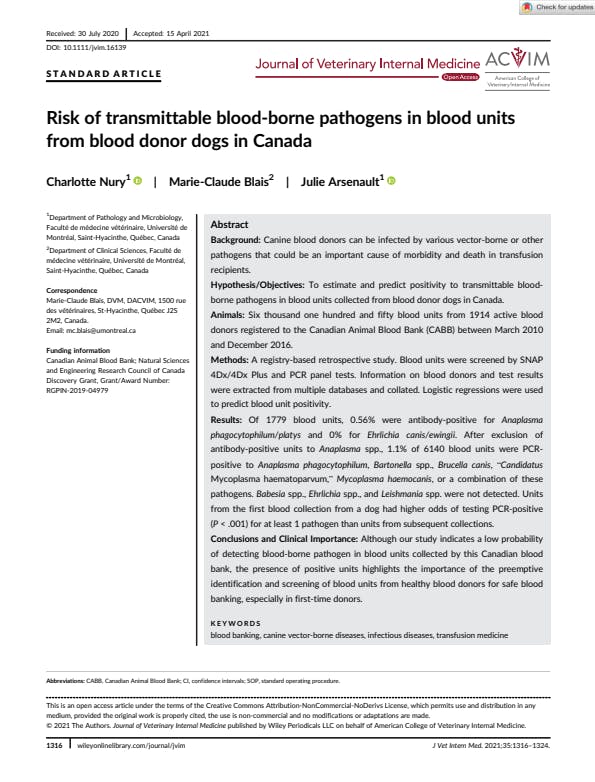 Risk of transmittable blood-borne pathogens in blood units from blood donor dogs in Canada