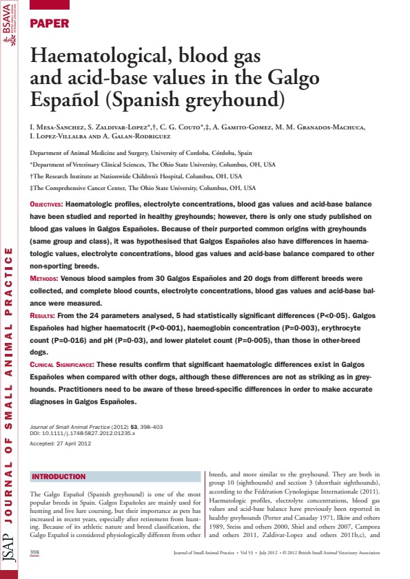 Haematological, blood gas and acid-base values in the Galgo Español