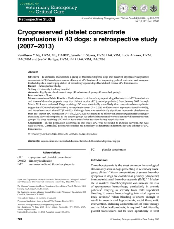 Cryopreservation of Canine Platelets