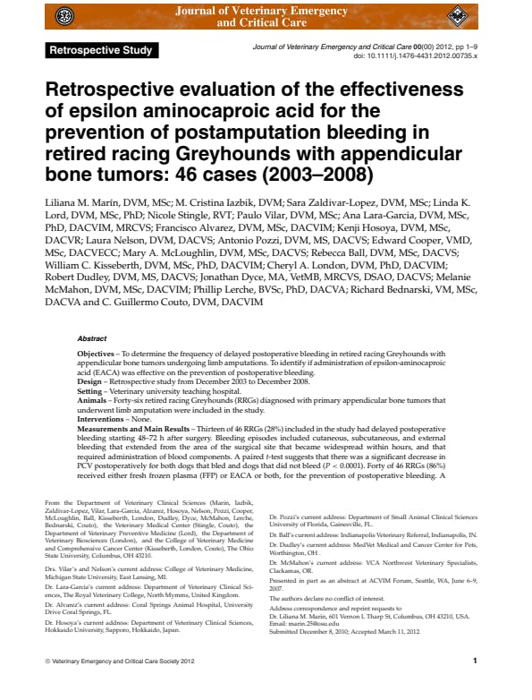 Retrospective evaluation of the effectiveness of epsilon aminocaproic acid for the prevention of postamputation bleeding in retired racing Greyhounds with appendicular bone tumors: 46 cases (2003–2008)