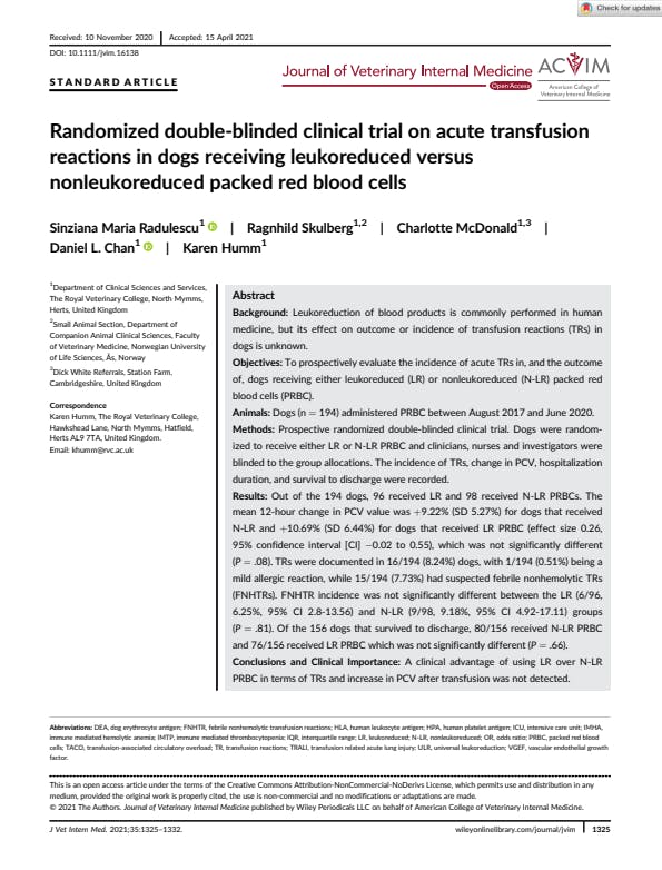 Randomized double-blinded clinical trial on acute transfusion reactions in dogs receiving leukoreduced versus nonleukoreduced packed red blood cells
