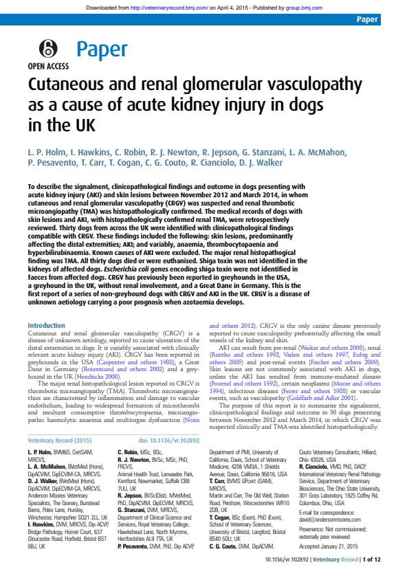 Cutaneous and renal glomerular vasculopathy as a cause of acute kidney injury in dogs in the UK