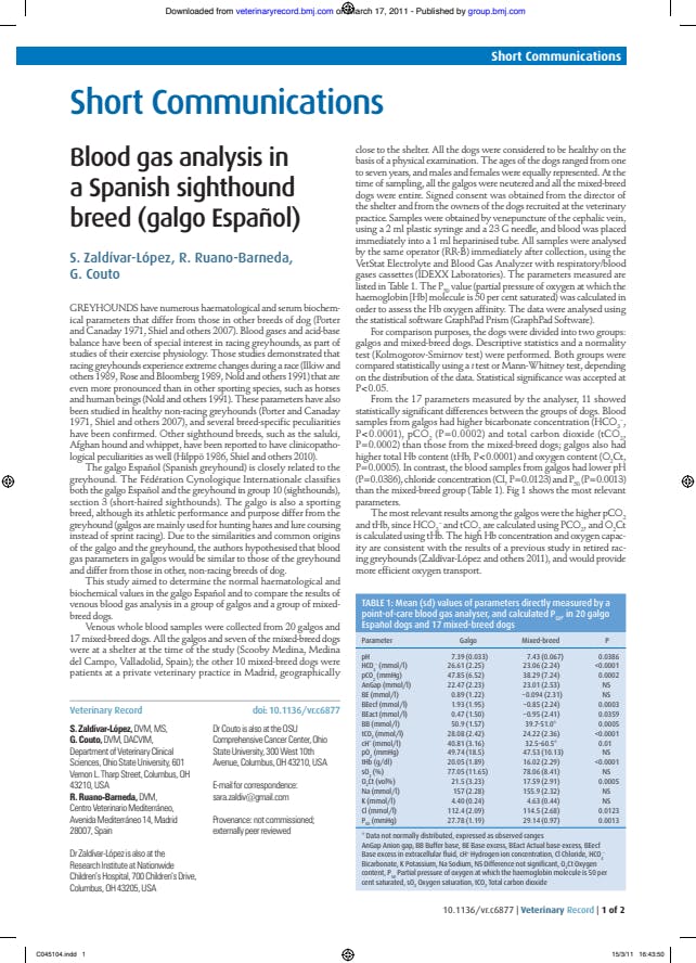 Blood gas analysis in a Spanish sighthound breed