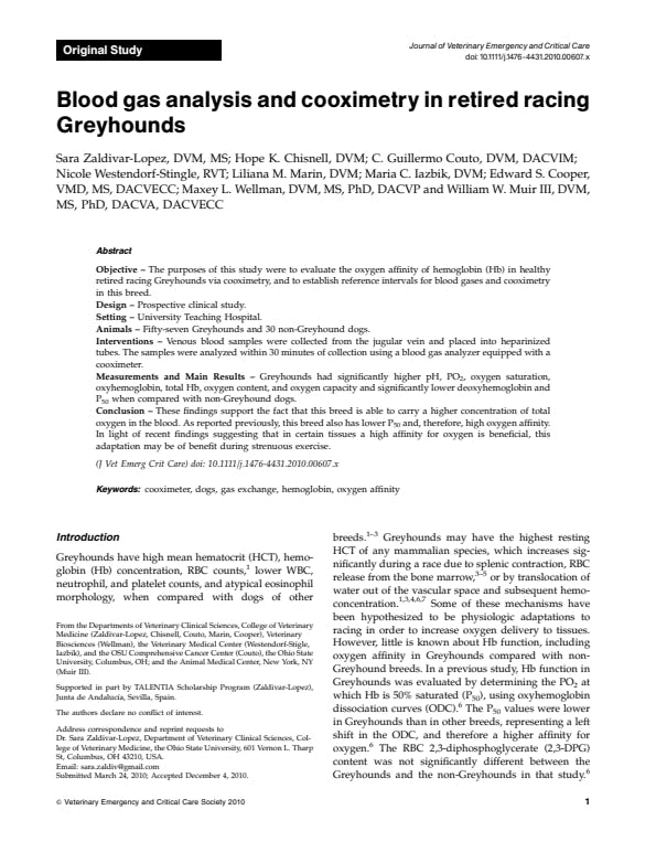 Blood gas analysis and cooximetry in retired racing Greyhounds