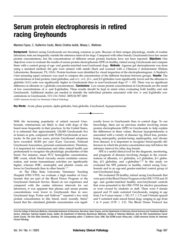 Serum protein electrophoresis in retired racing Greyhounds