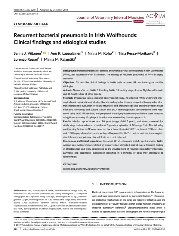 Recurrent bacterial pneumonia in Irish Wolfhounds: Clinical findings and etiological studies