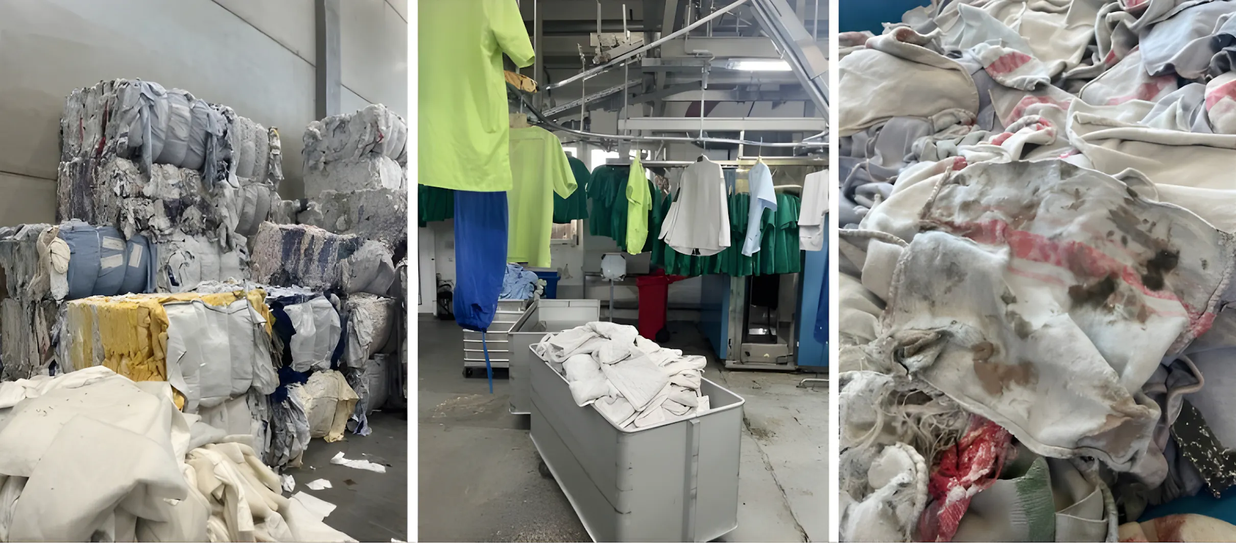 Left to right: Mixed fast fashion waste (SOEX), Medical Workwear (Sitex), Industrial Cleaning Cloths (Mewa) © Beneficial Design Institute GmbH. Left to right: Mixed fast fashion waste (SOEX), Medical Workwear (Sitex), Industrial Cleaning Cloths (Mewa) © Beneficial Design Institute GmbH.
