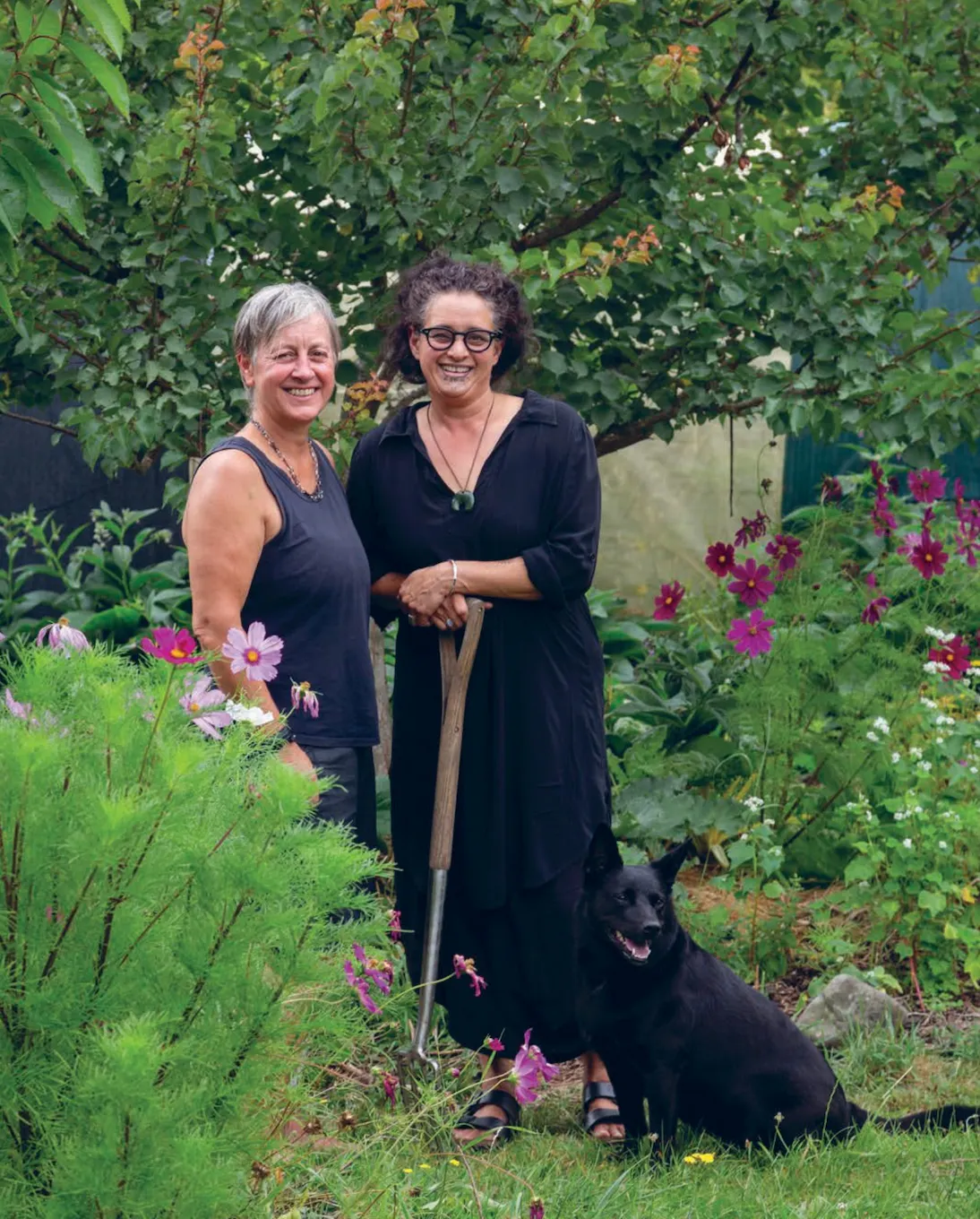 Jo Smith, Jessica Hutchings and Tahi in the Hua Parakore māra at Papawhakaritorito farm. Photo: Paul McCredie.