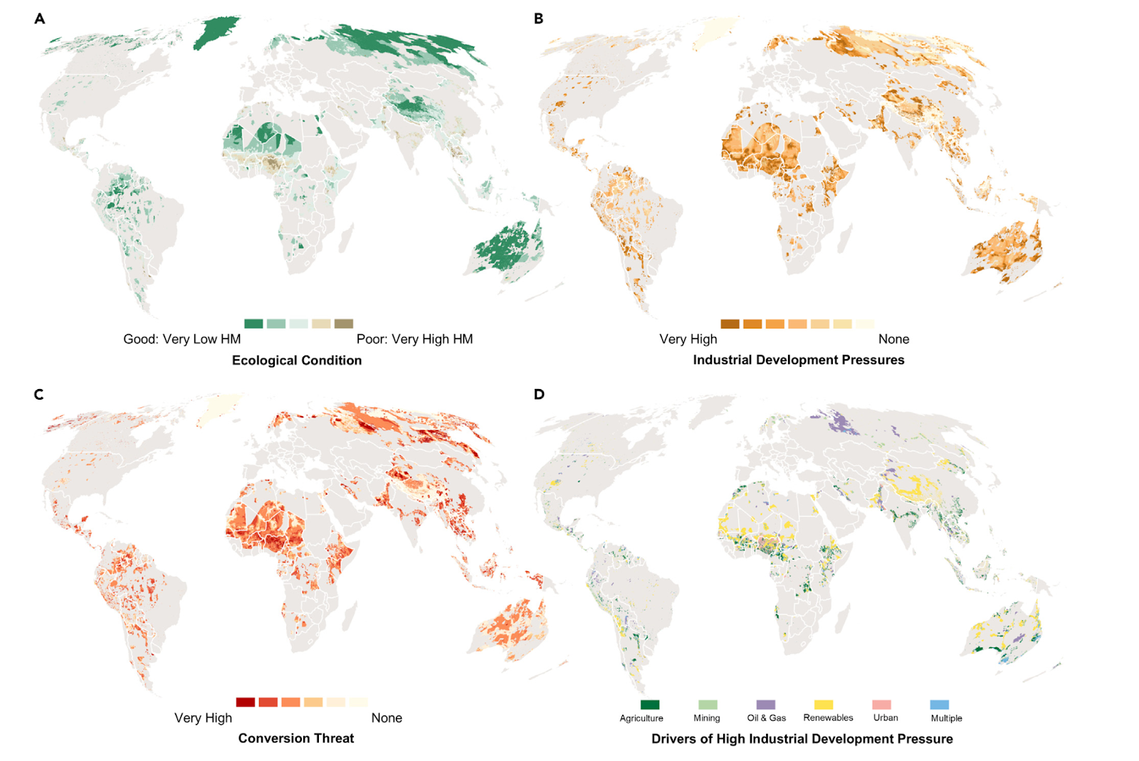 Figure 1. Conversion threat to Indigenous Peoples’ land (A–D) Intersection of Indigenous Peoples’ lands with (A) ecological condition proxied by human modification (HM) of terrestrial lands; (B) industrial development pressure derived from development pressure indices mapping the suitability of land for commercial agriculture, mining, fossil fuels, renewables, and urbanization; (C) conversion threat based on the multiplication of the maps in (A) and (B); and (D) drivers of high industrial development pressure.