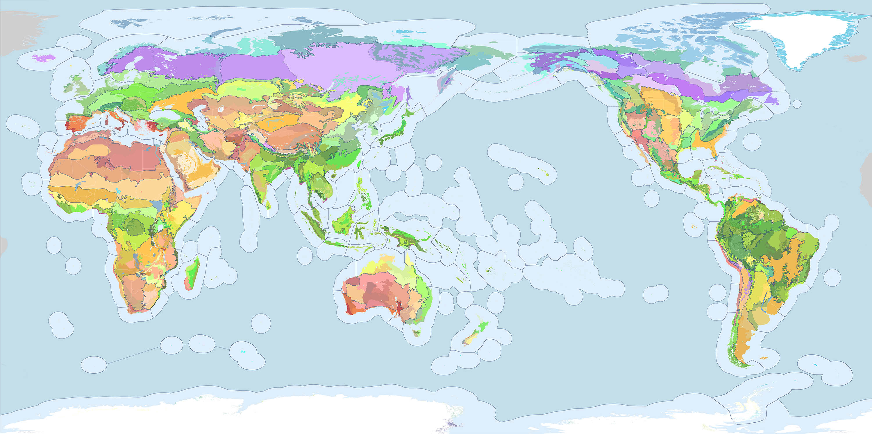 The 844 terrestrial ecoregions of the Earth (Dinerstein et al. 2017) overlayed with One Earth's Bioregions polygons. A finite number of ecoregions are nested within each bioregion.