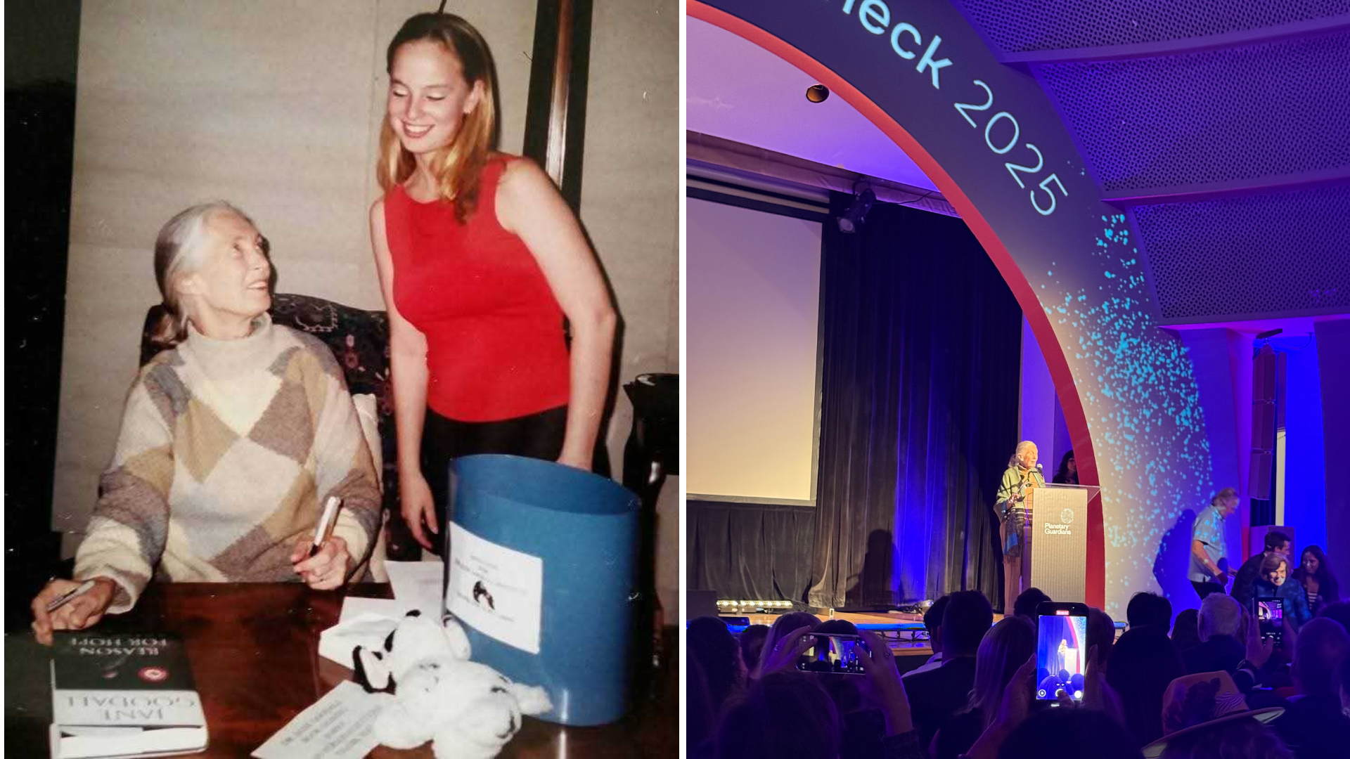 One Earth's Kate Thomas meeting Goodall at a book signing in Dallas & Dr. Jane Goodall at the Planetary Guardians event during Climate Week NYC 2025.