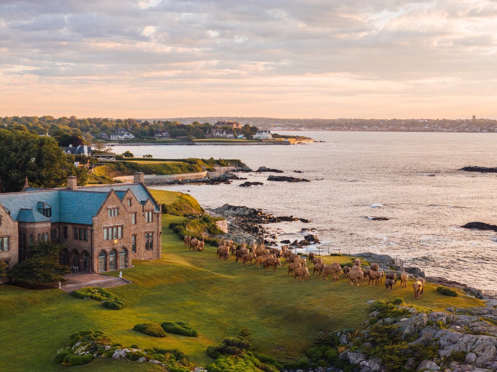 The Great Elephant Migration on the coast of Newport, Rhode Island. Image Credit: Corey Favino, Courtesy of the Elephant Family and Newport Restoration Foundation.