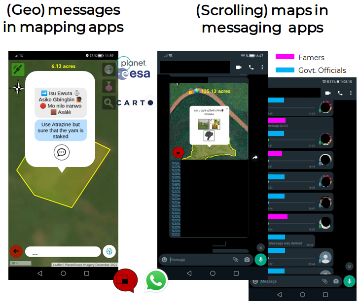 Gambar 3 Di sebelah kiri, seorang petani melaporkan masalah menggunakan aplikasi pemetaan dan petugas penyuluhan pertanian memberikan nasihat pertanian.  Di sebelah kanan, percakapan audio diikuti dengan kontribusi peta di WhatsApp.