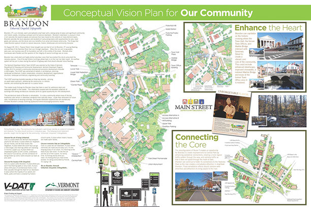 Brandon’s illustrative poster highlights the V-DAT recommendation for downtown, displaying the community brand, the streetscape recommendations and wayfinding signage