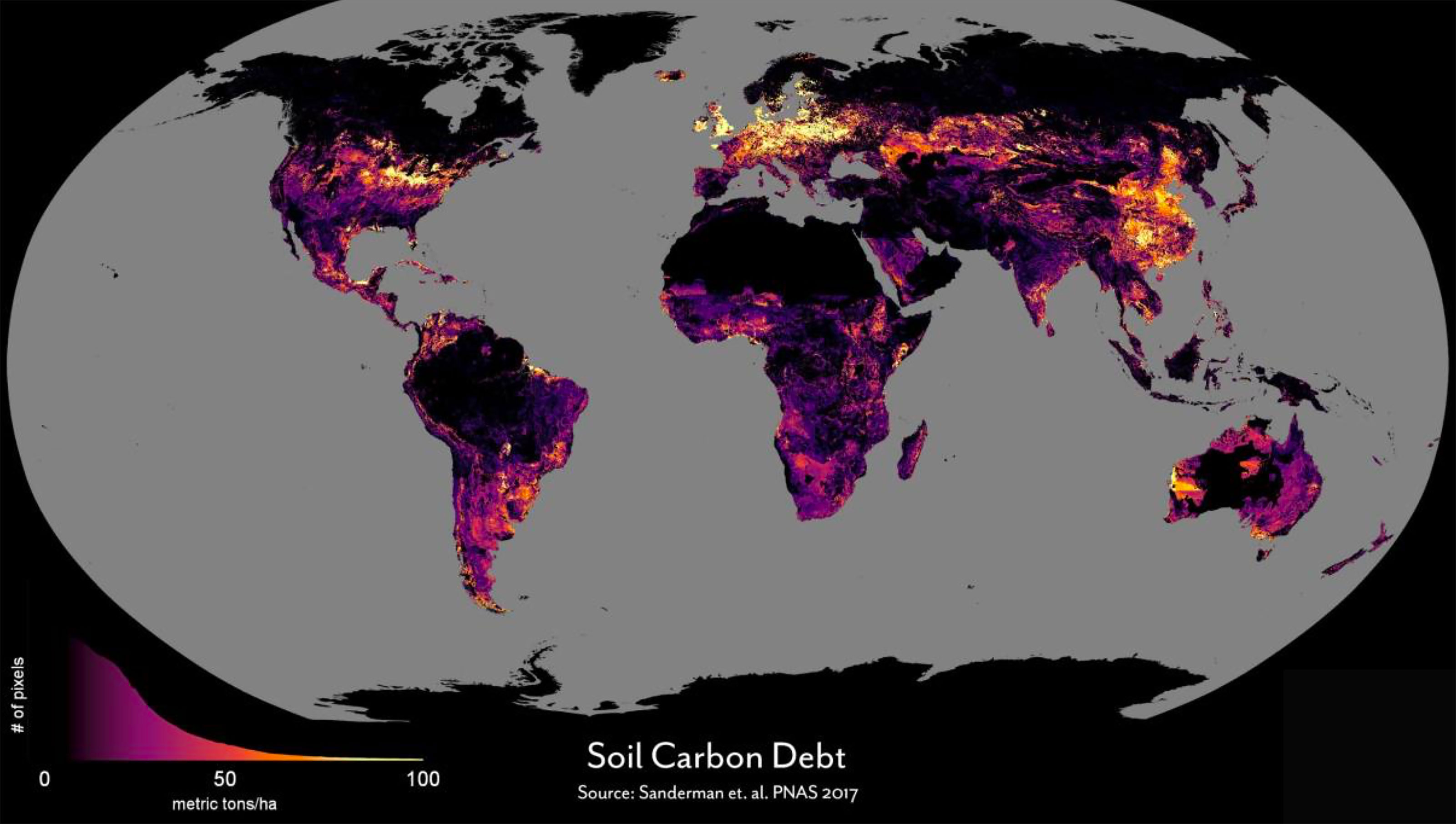 Soil Carbon debt of 12,000 years of land use. Image credit: Courtesy of Woodwell Climate Research Center and Jonathan Sanderman