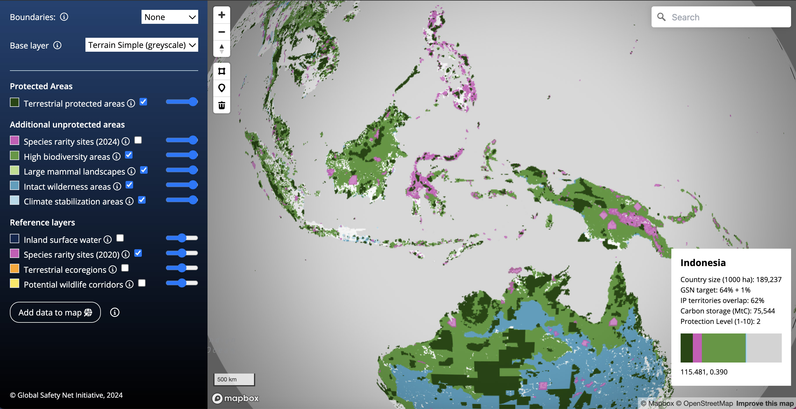 The Global Safety Net map viewer, showing rare species areas across Indonesia. Image from Global Safety Net (GSN) initiative.