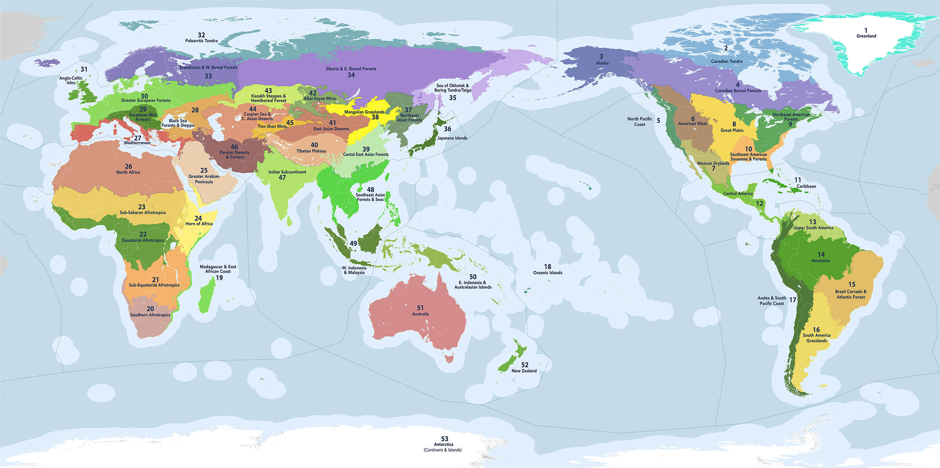 The 53 subrealms of the One Earth Bioregions Framework (2023).