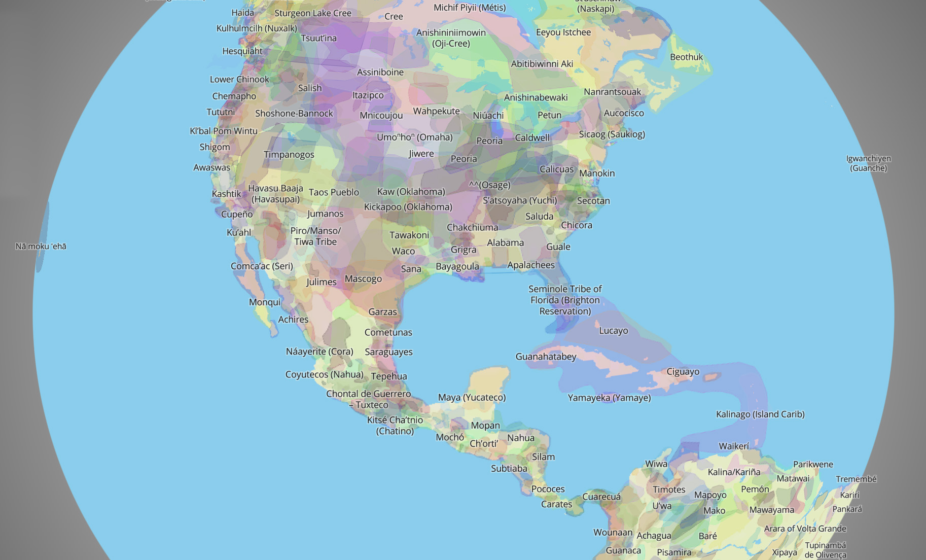 A map of historic and current tribal territories by Native Land Digital, 2024.