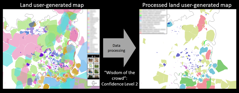 Gambar 8 Data mentah (kiri) dan data hasil olahan pengguna lahan (kanan) menggunakan metode kebijaksanaan crowding.