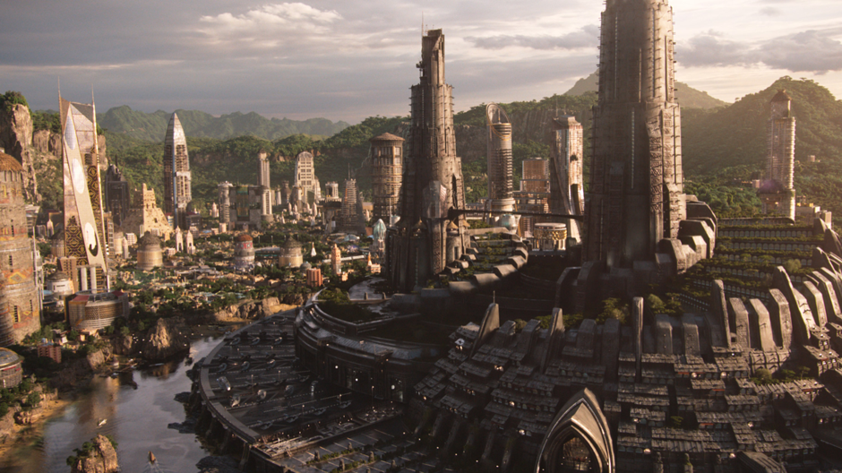 An example of solarpunk art and urban planning: The Afrofuturist design of Wakanda and its capital, Golden City. Designed by Hannah Beachler. Marvel Studios