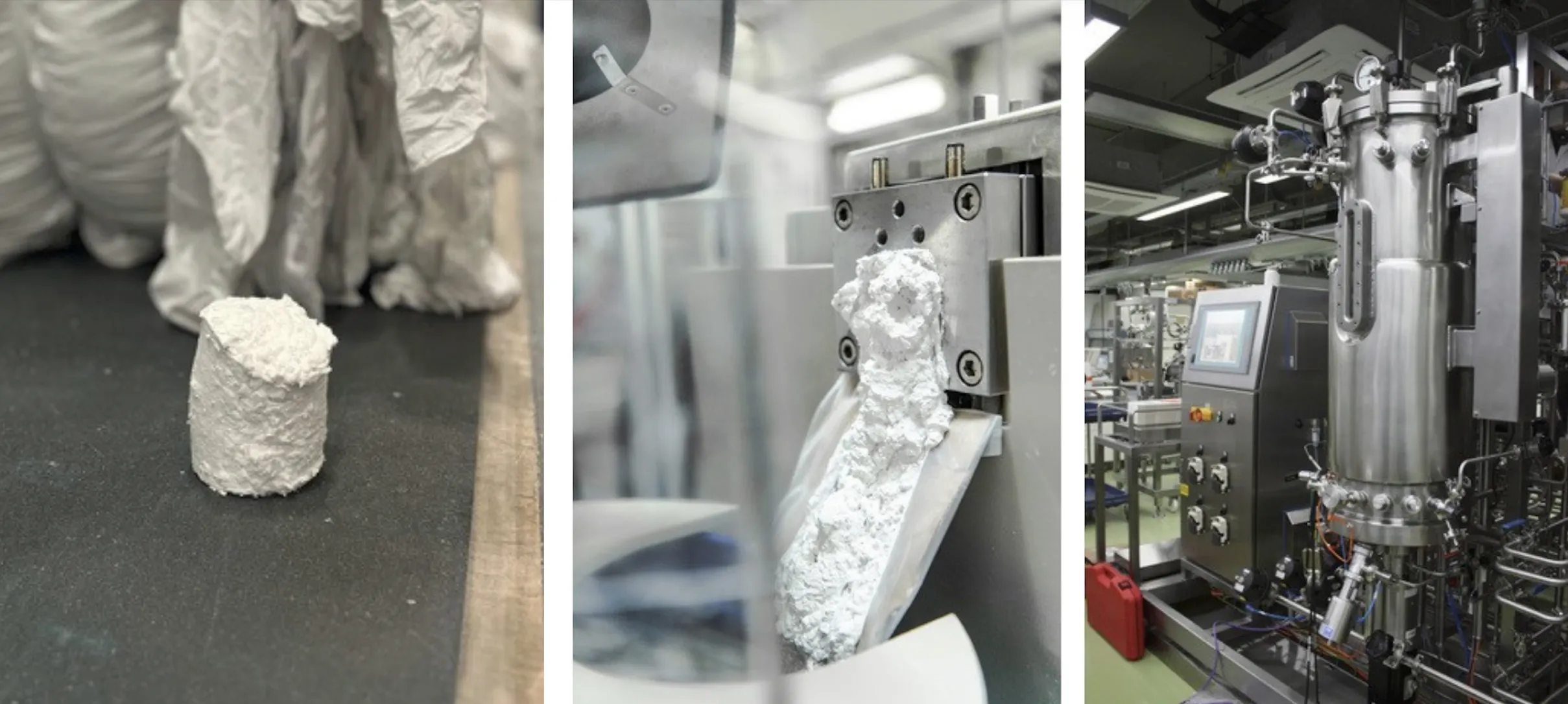 Pathway 1 Bacterial Fermentation | Left to right: Waste preparation PES © Beneficial Design Institute GmbH; Hydrolysis matterr technology © matterr; Bioreactor for Bacterial Fermentation Fraunhofer IAP © Fraunhofer IAP. Pathway 1 Bacterial Fermentation | Left to right: Waste preparation PES © Beneficial Design Institute GmbH; Hydrolysis matterr technology © matterr; Bioreactor for Bacterial Fermentation Fraunhofer IAP © Fraunhofer IAP.