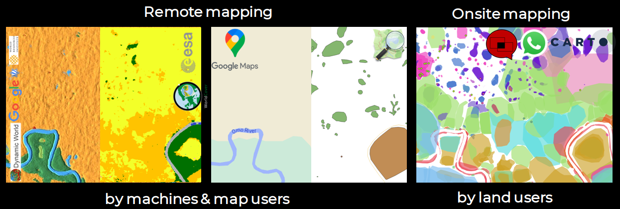 Gambar 6 Perbandingan peta wilayah yang sama di South West, Ethiopia.  Peta dunia dinamis Google & WRI dan peta cakupan dunia ESA (kiri), data Google Maps dan OSM (tengah), dan peta buatan pengguna Tanah (kanan).