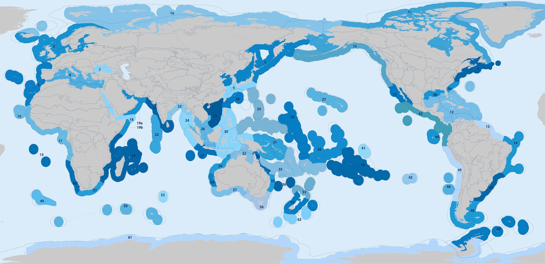 The 62 marine provinces from “Marine Ecoregions of the World” (Spalding et al. 2007) overlayed with Bioregions 2023 polygons.