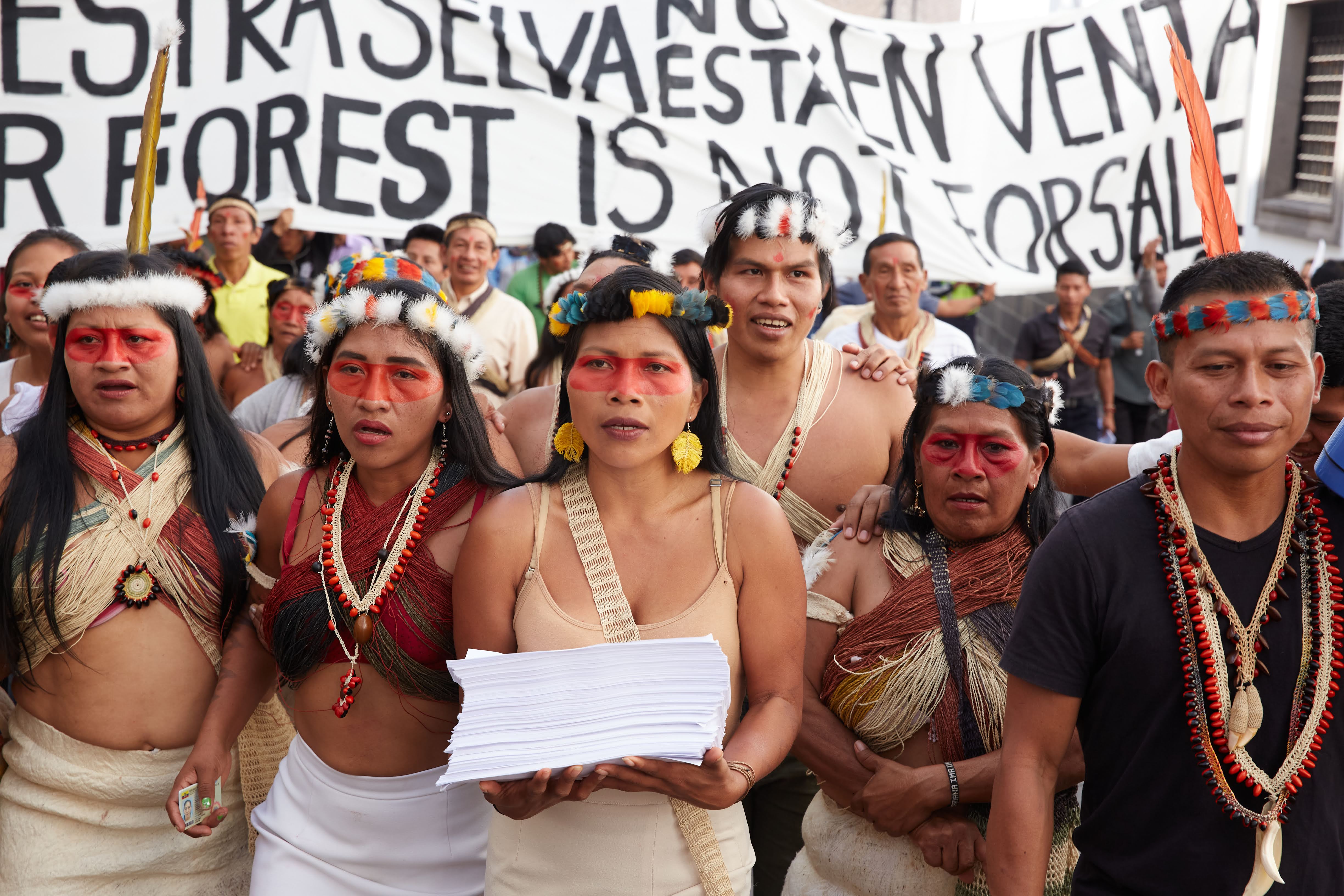 Nemonte Nenquimo’s global campaign, "Our Rainforest is Not for Sale," united people worldwide, collecting over 378,000 signatures to protect Indigenous land from oil extraction. Image Credit: Courtesy of Amazon Frontlines.