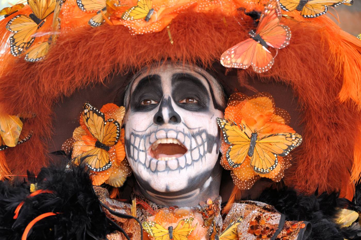 Image of a Mexican Catrina celebrating the Day of the Dead representing the monarch butterfly.