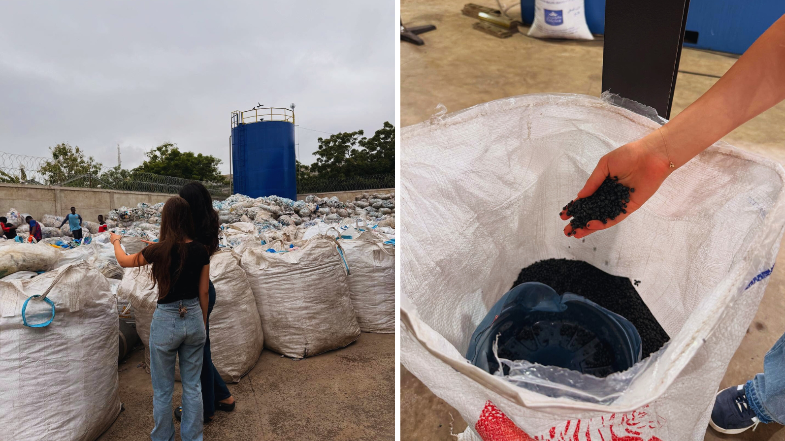 Lila Favilli and Arshia Lakhiani visiting one of the largest plastic recycling plants in Accra, where plastic waste is turned into pellets to create new products. Image Credit: PlastiFund. Lila Favilli and Arshia Lakhiani visiting one of the largest plastic recycling plants in Accra, where plastic waste is turned into pellets to create new products. Image Credit: PlastiFund.