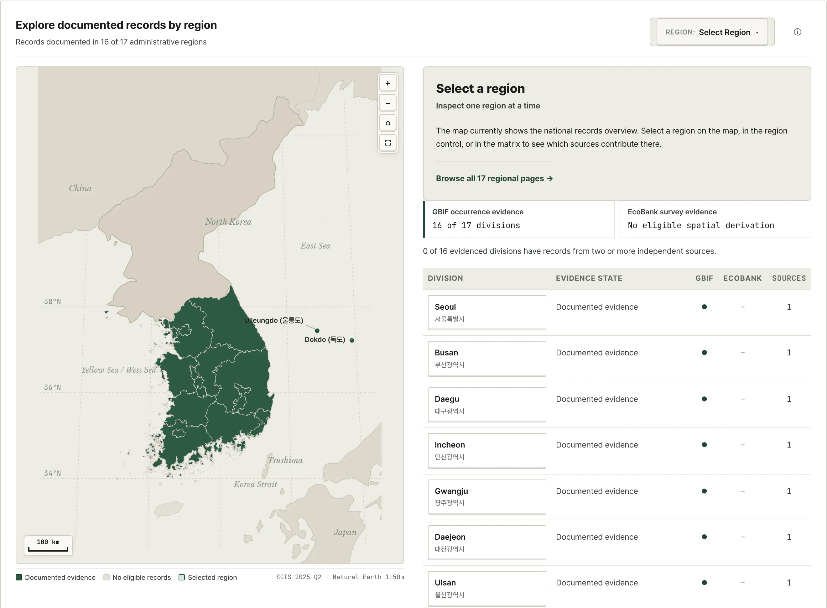 KoreAves' regional evidence explorer for the Azure-winged Magpie. Highlighted areas indicate eligible documented evidence within administrative regions. Image Credit: Jihun Oh , KoreAves. KoreAves' regional evidence explorer for the Azure-winged Magpie. Highlighted areas indicate eligible documented evidence within administrative regions. Image Credit: Jihun Oh , KoreAves.