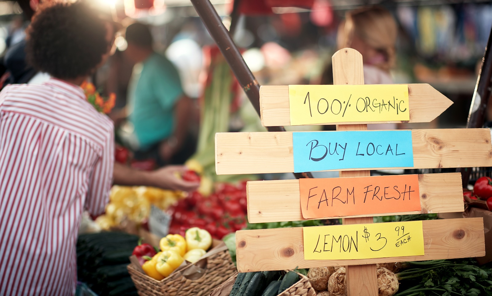 Sign for fresh and organic vegetables at a farmers market. Photo 197900466 © Igor Mojzes | Dreamstime