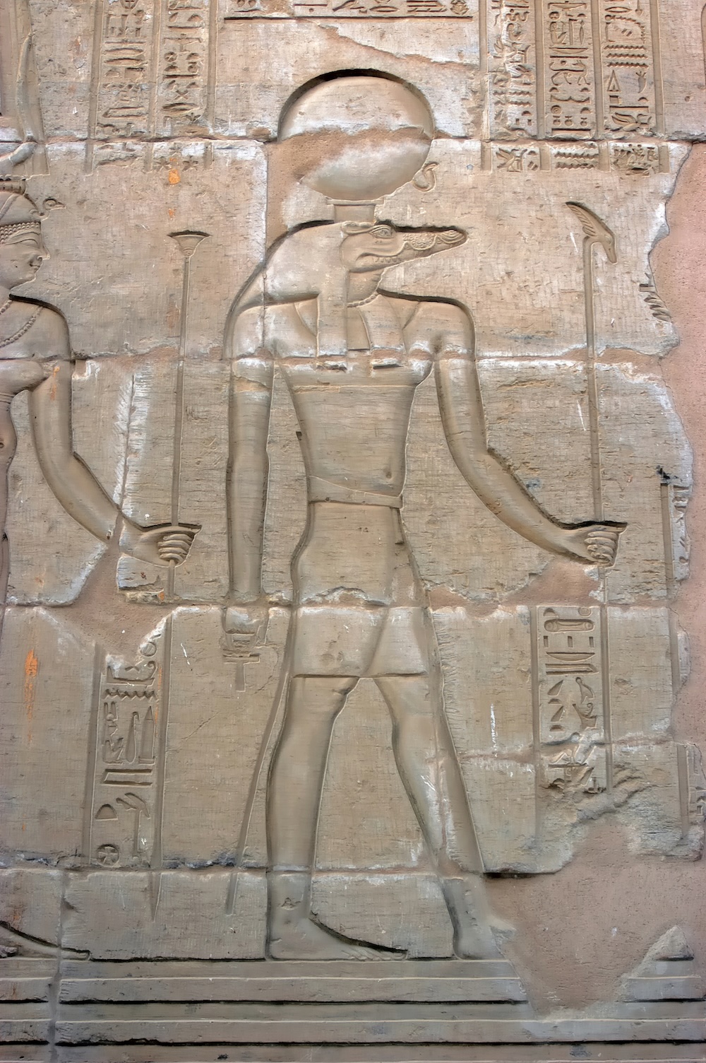 Sobek – Crocodile-Headed Egyptian God Portrait of Sobek in Kom Ombo temple, Esna, Egypt. Sobek is the ancient Egyptian god of the Nile, fertility, and military prowess. Depicted with the head of a crocodile and wearing a headdress symbolizing divine authority.