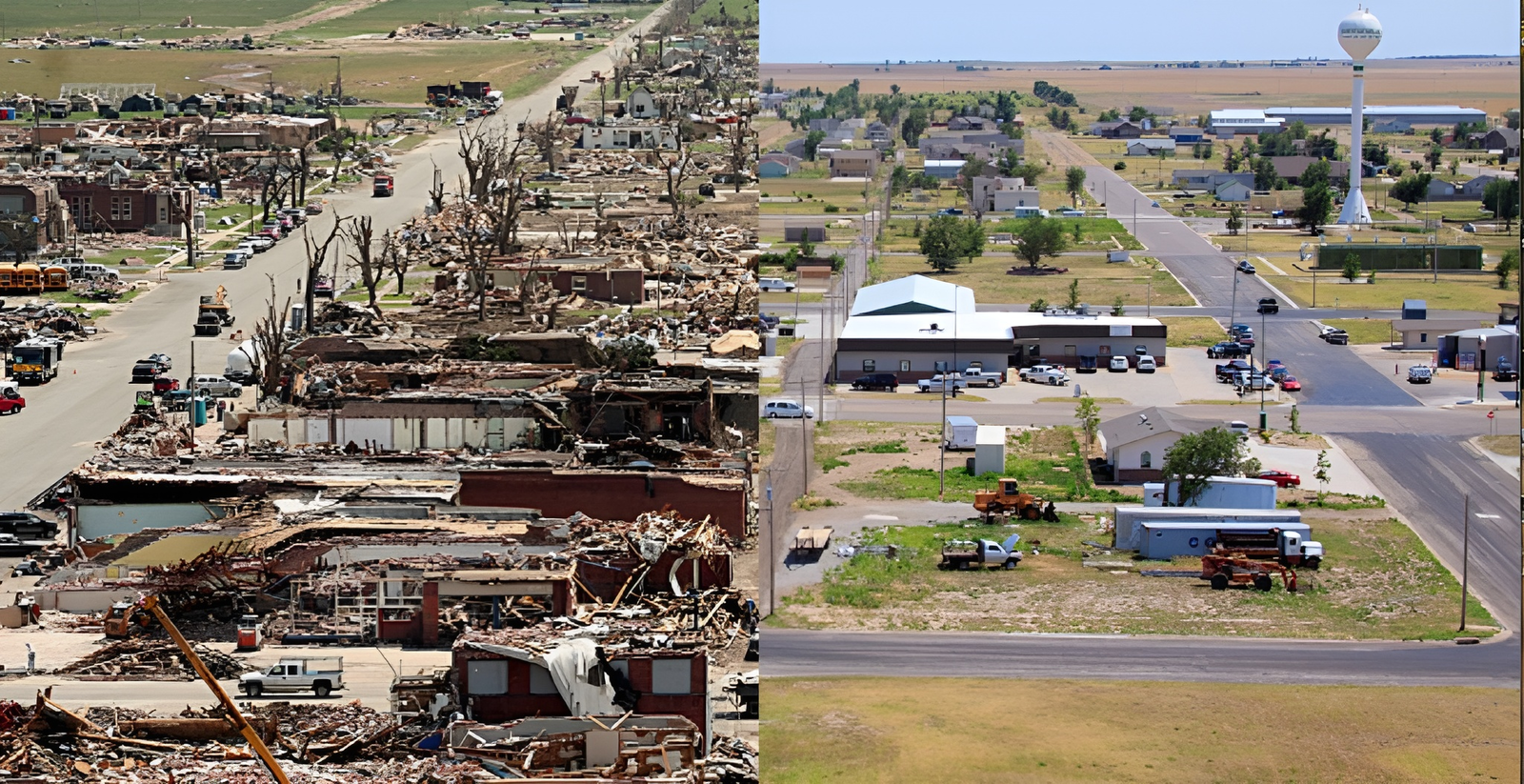 Then and now: A tornado leveled most of Greensburg on May 4, 2007. It has since been rebuilt as an environmentally friendly city.