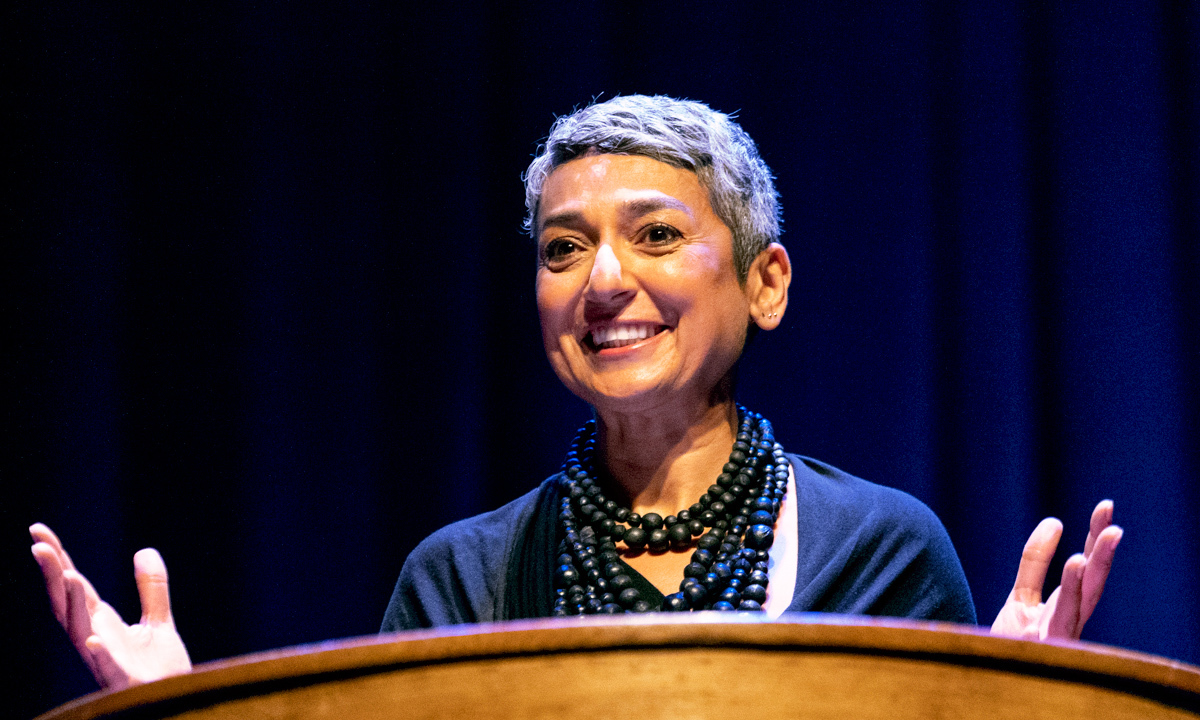 Daughters for Earth Co-founder and Women's Rights Champion Zainab Salbi presents at the 2022 Bioneers Conference. Image credit: Courtesy of Bioneers