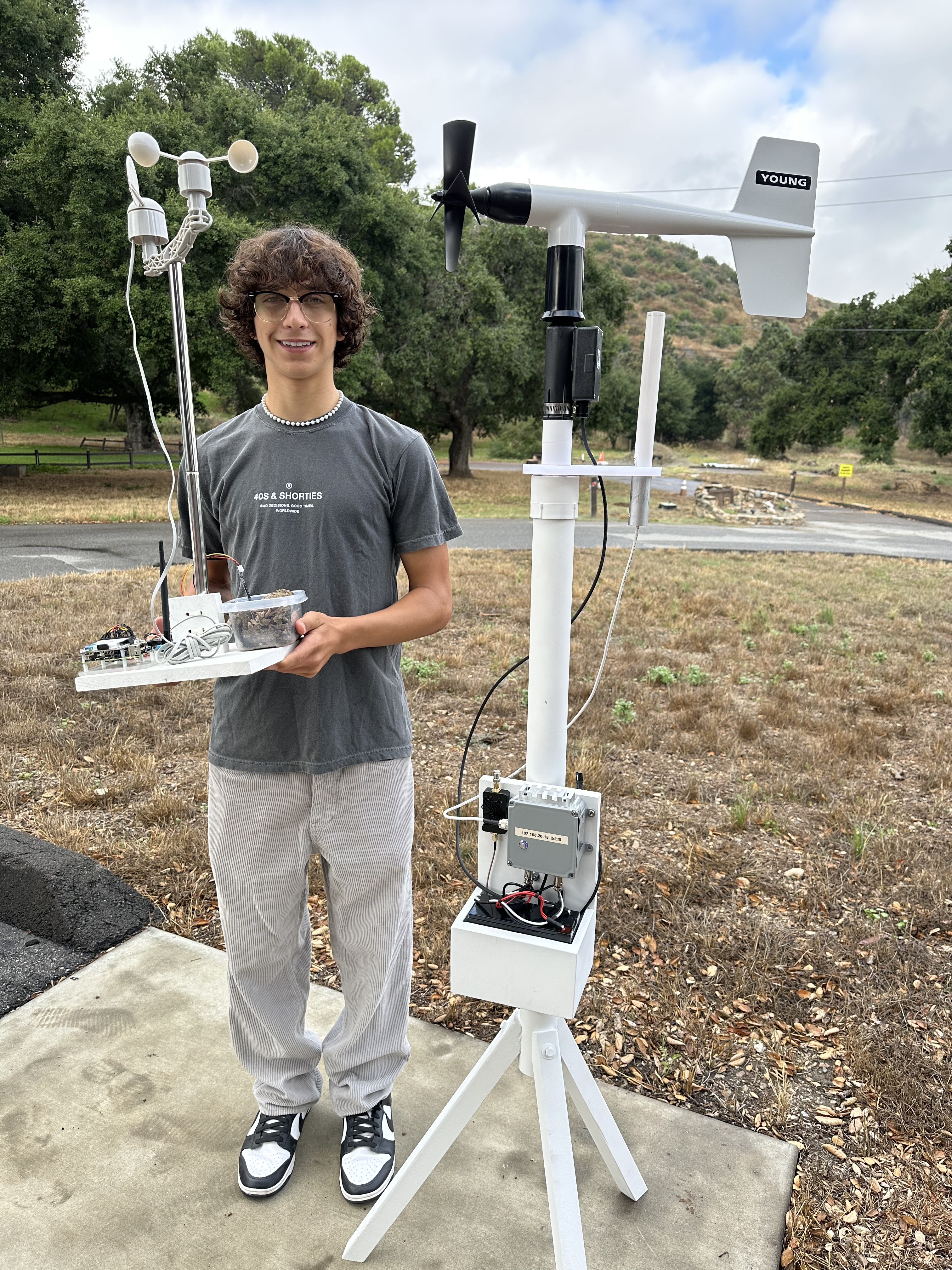 Ryan Honary with his invention Sensory AI, which uses a network of sensors and machine learning to identify wildfires in their earliest stages. Image Credit: The Earth Prize.