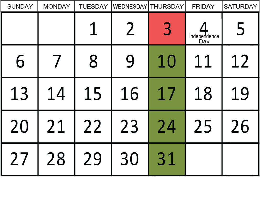 July 2025: Removals occur on the 10th, 17th, 24th, and 31st.