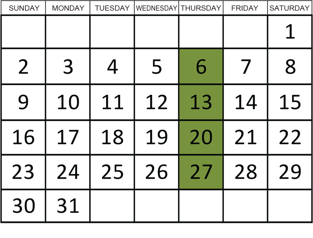 August 2026: Removals occur on the 6th, 13th, 20th, and 27th.